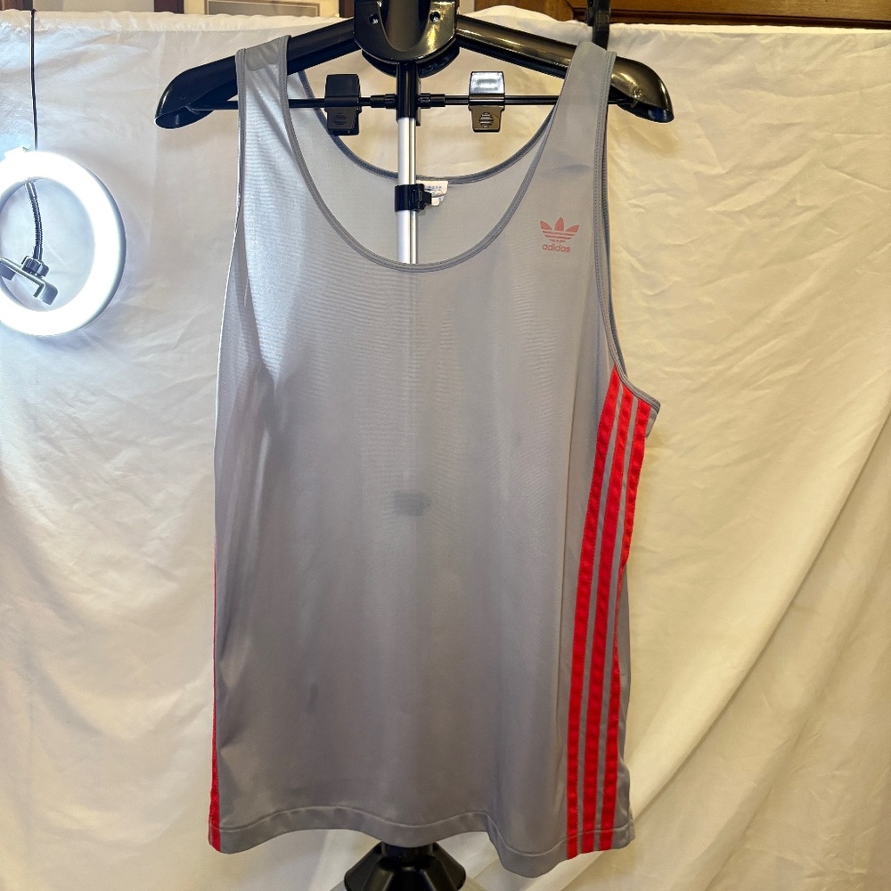 80'sVintage ADIDAS Tank Top Jersey Shirt Gray/Red Striped XLarge(46-48) Made USA